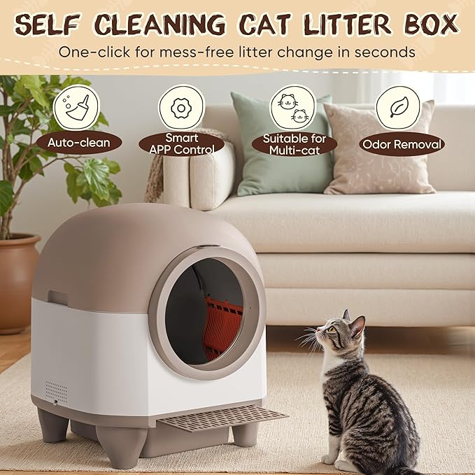 GUNJI Automatic Self-Cleaning Litter Box, 90L Large Capacity for Multiple Cats - APP Controlled with Safety Protection, Included Litter Mat & 1 Roll Garbage Bags (Brown)