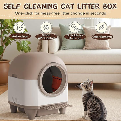 GUNJI Automatic Self-Cleaning Litter Box, 90L Large Capacity for Multiple Cats - APP Controlled with Safety Protection, Included Litter Mat & 1 Roll Garbage Bags (Brown)