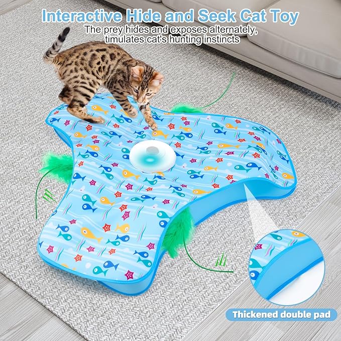 Interactive Cat Toys for Indoor Cats, Automatic Hide and Seek Motion-Activated Cat Toy with Moving Feather & Animal Chirps, USB Rechargeable Electric Cat Enrichment Toy for Bored Adult Cats & Kittens