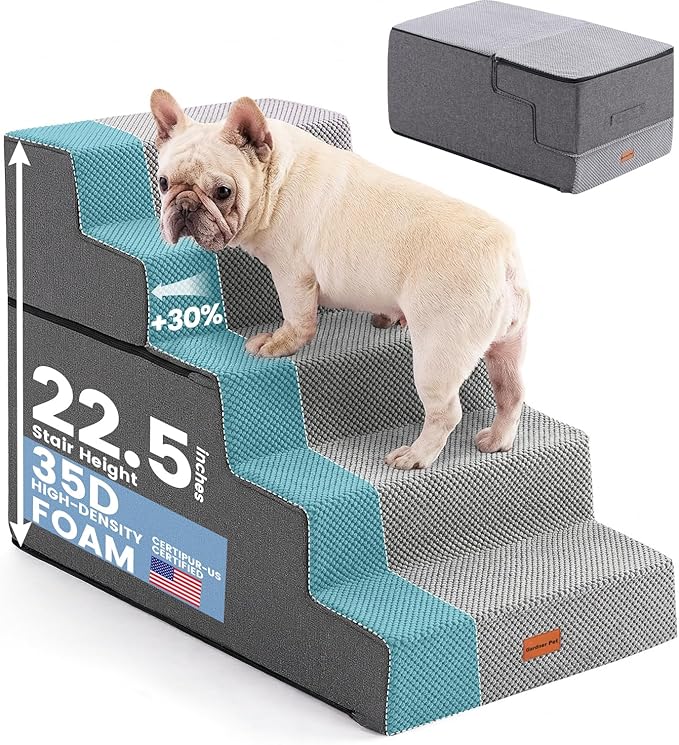 Gardner Pet Dog Stairs for Small Dogs 22.8" H, 5-Step Extra Wide Dog Stairs for High Bed, Pet Steps for Small Dogs and Cats Couch with Durable Non-Slip Waterproof Fabric Cover and Soft Foam, Grey