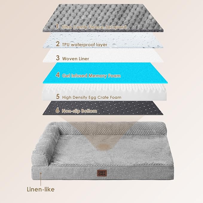 EHEYCIGA Memory Foam Dog Bed Large Size Dogs, Orthopedic Dog Bed Large with Washable Removable Cover, Waterproof Pet Sofa Couch with Nonskid Bottom, 36x27x6, Grey