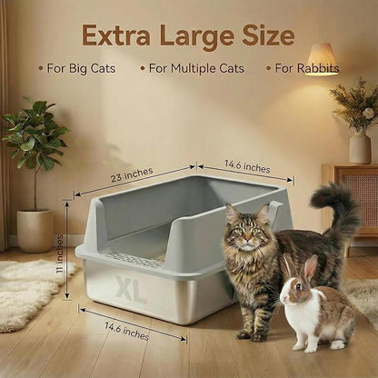 XL Stainless Steel Litter Box with Lid, Extra Large High Sided Metal Cat Litter Box with Mat and Scooper, Easy Clean, Non Stick & No Smell