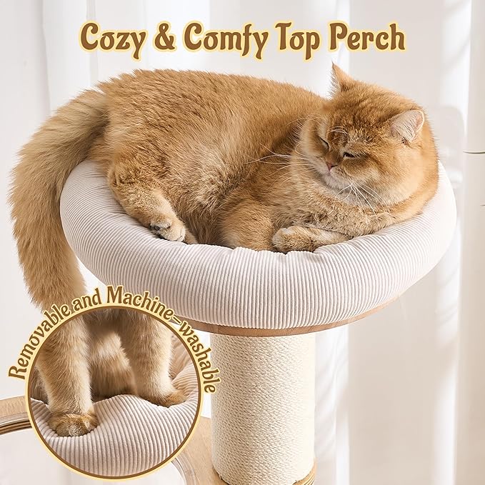 64.2" Modern Cat Tree for Indoor Cats, Solid Wood Cat Tower with Chunky Scratching Posts, 20" Roomy Condo, Cat Bed, Hammock, Capsule Nest, Interactive Squeaky Toy, Multi-Level Cat Furniture