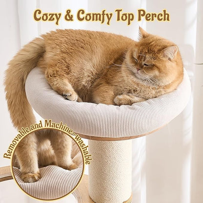 64.2" Modern Cat Tree for Indoor Cats, Solid Wood Cat Tower with Chunky Scratching Posts, 20" Roomy Condo, Cat Bed, Hammock, Capsule Nest, Interactive Squeaky Toy, Multi-Level Cat Furniture