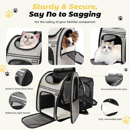 Zavothy Cat Backpack Carrier, Expandable Airline Approved Pet Backpack for Small Cats & Dogs, Breathable Mesh Cat Carrier Backpack with Padded Bottom, Foldable Travel Bag - Grey