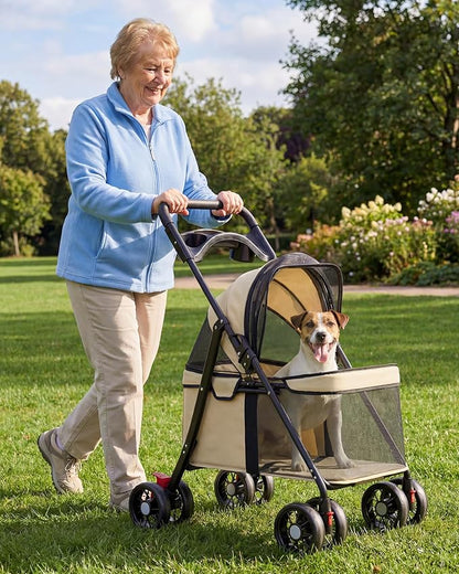 GTPLAYER Foldable Pet Stroller for Small Dogs and Cats, Holds Up to 33 lb, 4-Wheel Stroller with 2 Safety Tethers, Breathable Mesh, Lockable Front Wheels, Cup Holder/Tray & Storage Pocket, Ivory