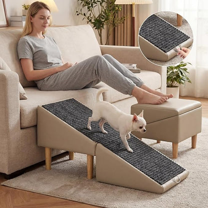 Dog Ramps, Foldable 2-in-1 Wooden Pet Steps, 23 Incline Foldable Dog Ramp Ottoman, Solid Wood Anti-Slip Pet Ramp, Split Ottoman Design, Foldable Pet Steps for Large and Small Cats & Dogs
