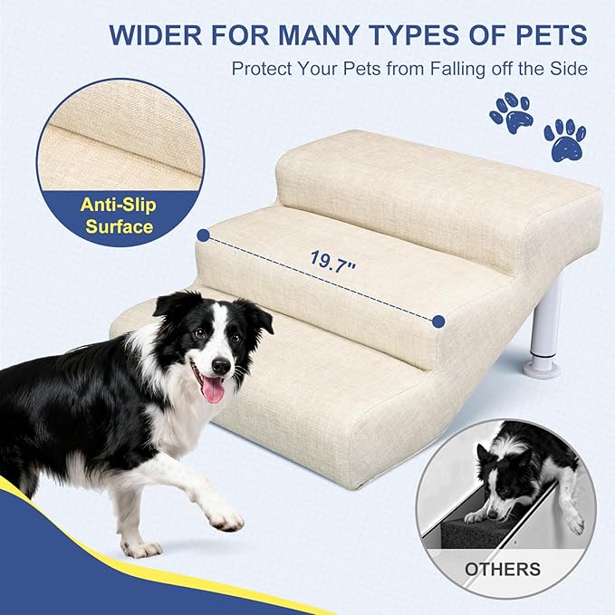 DoCred Adjustable Pet Stairs for Beds & Sofas - 3 Step 11.8"-14.5" H Non-Slip Dog Stairs for Small to Medium Dogs & Cats, Supports up to 150 lbs - Linen Faux Leather Dog Steps