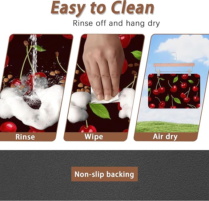 Red Cherry Pet Feeding Mat,Absorbent Quick-Dry Cat Dog Food and Water Bowl Mats,Non-Slip Rubber Backing Mat,Cat Dog Accessories Supplies 12"x20"