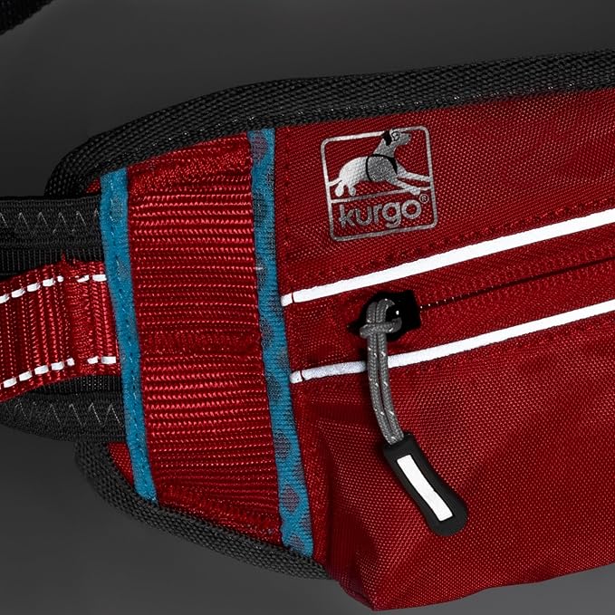 Kurgo On Trail Running Belt - Hands Free Running Belt for Dogs - Adjustable Dog Running Belt - Reflective Jogging Gear - Quick Access Pouch - BPA Free Water Bottle - Red/Blue/Gray