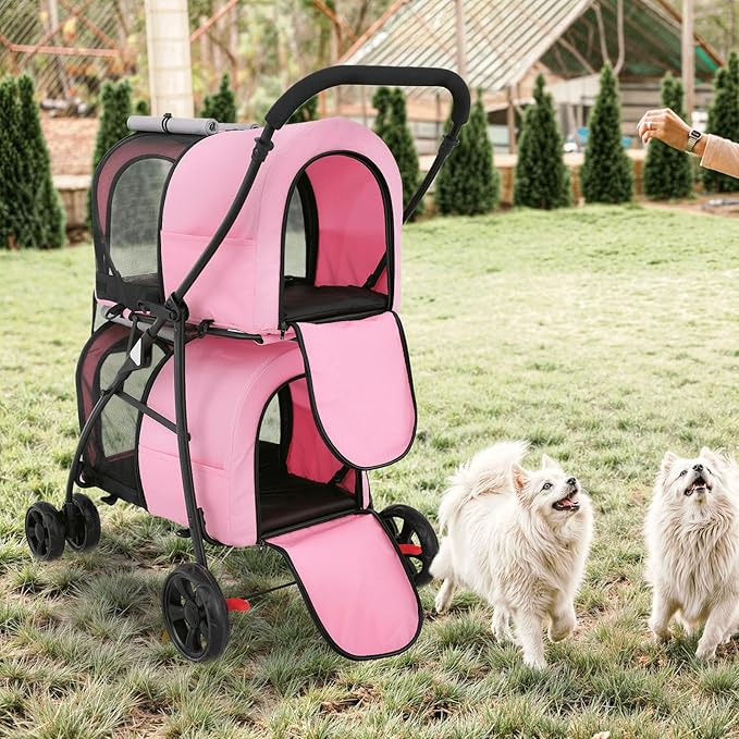 MoNiBloom Double Dog Stroller with Detachable Carrier Bags Large 4 Wheels Foldable Jogger for Small and Medium Dog Cats, Pink/Gray