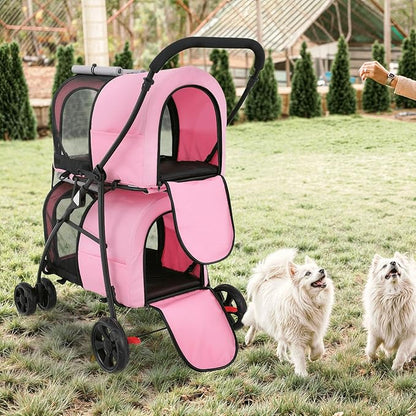 MoNiBloom Double Dog Stroller with Detachable Carrier Bags Large 4 Wheels Foldable Jogger for Small and Medium Dog Cats, Pink/Gray