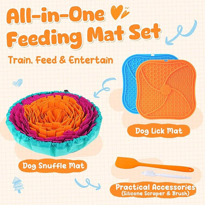 KIPRITII Dog Feeding Set with Snuffle Mat & Lick Mat for Dogs – Slow Feeder & Interactive Toys to Keep Dogs Busy and Reduce Anxiety from Boredom