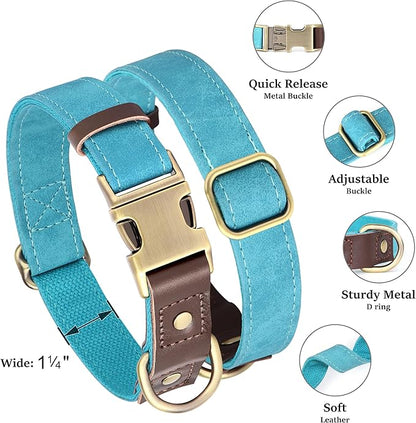 Didog Soft PU Leather Dog Collar for Large Dogs,Classic Adjustable Wide Dog Collars with Quick Release Metal Buckle,Easy Clean and Comfortable with Nylon Lining,Light Blue,XL Neck 20-27", Width 1.2"