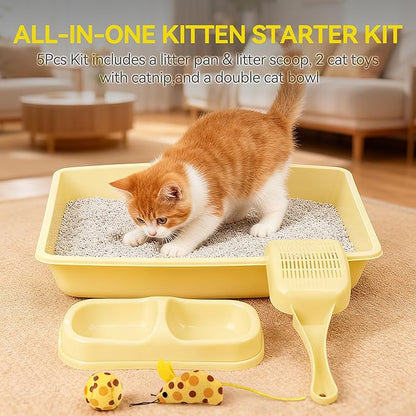 PAWISE Cat Litter Box Set, Small Kitten Starter Kit, Includes Litter Box, Litter Scoop, Double Dish Feeding Bowl, Cat Mouse Toy, Kitty Ball Toy, Yellow