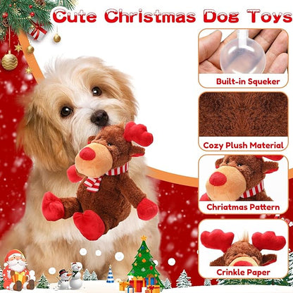 Christmas Dog Toys, Squeaky Dog Toys with Crinkle Paper, Plush Reindeer Toys, Interactive Stuffed Chew Toys, Gifts for Puppy, Small, Medium, Large Dogs