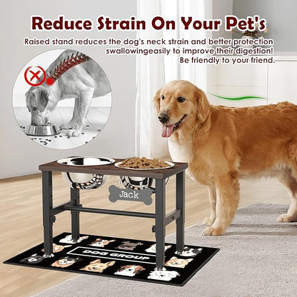 SHAINFUN Elevated Dog Bowls with Slow Feeder & Mat for Medium and Large Dogs, 12" Tall Adjustable Wooden & Metal Raised Dog Bowl Stand, 2 Stainless Steel 58oz Bowls for Food & Water