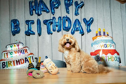 PAWTY Birthday Bone Dog Toy - Funny Interactive Tug Rope Squeaky Dog Birthday Gift - Plush Pink Bone Toy for Small Medium Dogs - Dog Birthday Party Supplies