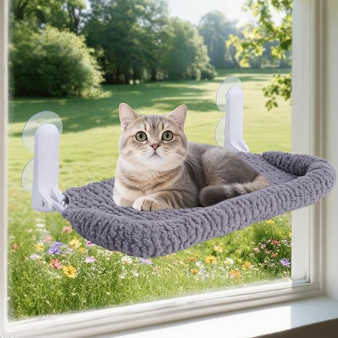 Cat Window Perch with Cushion Rim, Easy Install Bracket, Portable Wall Hammock for Indoor Cat, Grey