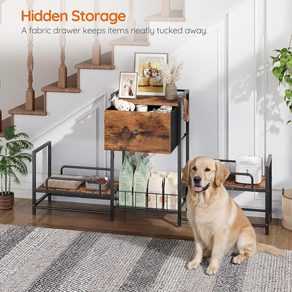 HOOBRO Raised Dog Bowl Stand with Storage, Lifted Feeding Station, Elevated Bowl Holder, 4 Adjustable Heights, for Large Medium Small Dogs, with 1 Drawer and 2 Hooks, Rustic Brown BF23PO03G1