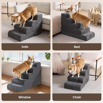 Dog Stairs for Small Dogs, 4-Step Dog Steps for Bed & Couch, High-Density Foam Pet Stairs, Non-Slip Indoor Pet Ramp, Washable Cover, Fits Beds up to 18.1", Grey