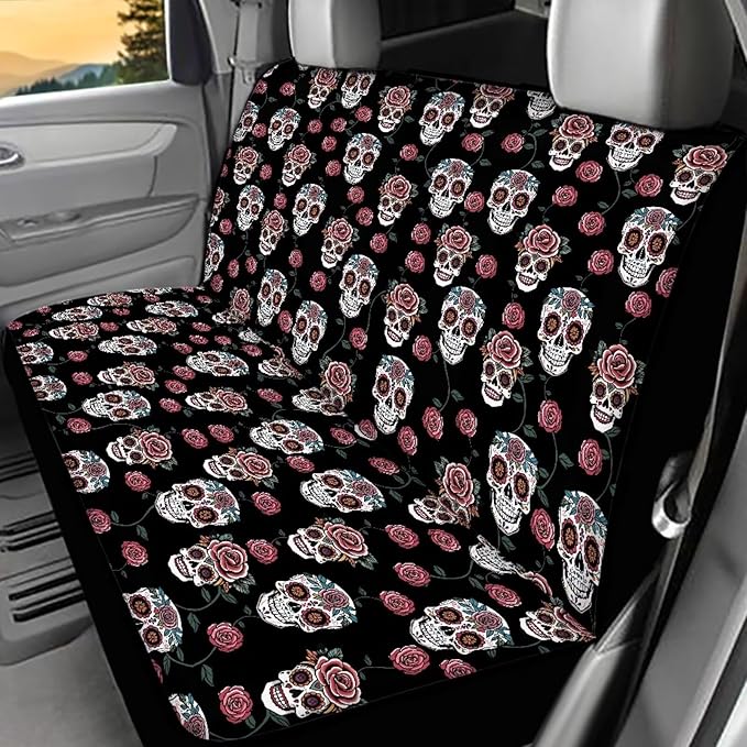 AFPANQZ Skull Design Cloth Back Seat Cover Non-Slip Interior Protective Cover Non Slip Car Rear Seats Dog Seat Covers Durable Scratch-Proof Protector for Pet Fur and Mud