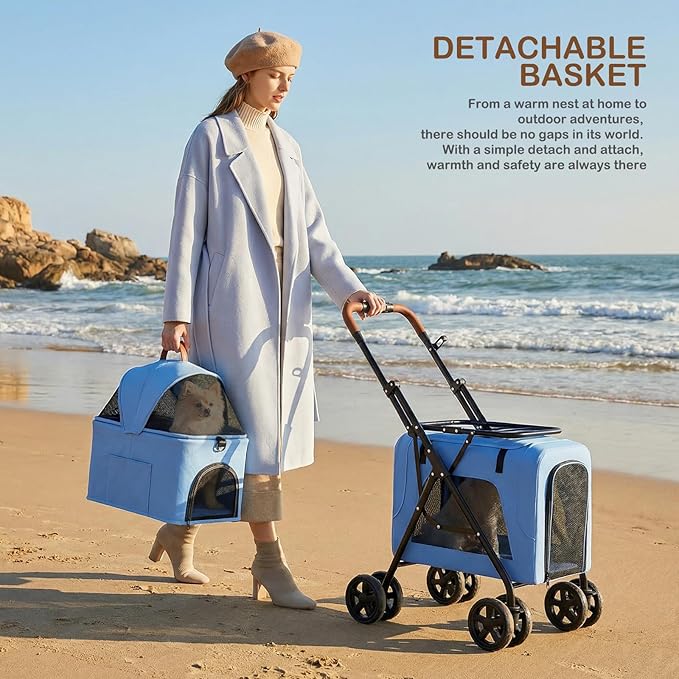 MoNiBloom Double Dog Stroller with Detachable Carriers, 2 in 1 Pet Stroller for Small Medium Dogs Cats, One-Hand Fold Lightweight Pet Buggy with Storage Basket & Canopy
