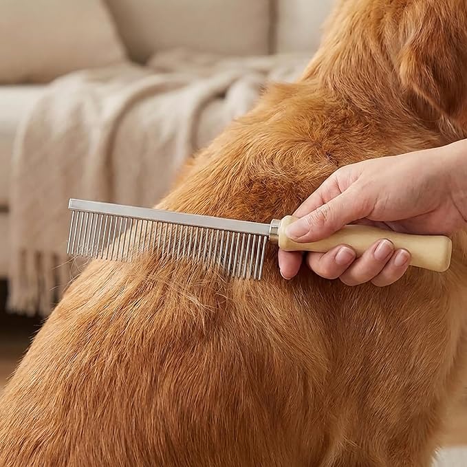 Pet Comb - Stainless Steel Teeth and Wooden Handle - Detangling and Smoothing Tool for Long and Short Hair Dogs and Cats
