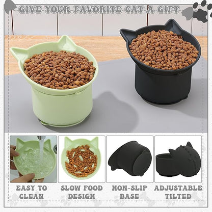 2 Pack Black, Green Slow Feeder for Cat Bowls, Silicone Tilted Raised Pet Bowl with Non Slip Base for Digestion Anti Vomit