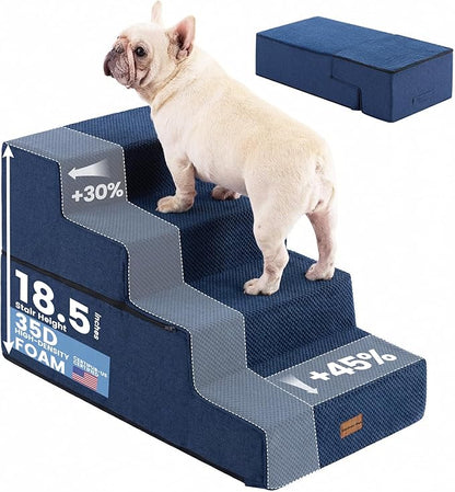 Gardner Pet Dog Stairs for Small Dogs 18.5" H, 4-Step Extra Wide Dog Steps for Bed, Pet Stairs for Bed and Couch with Durable Non-Slip Waterproof Fabric Cover and Soft Foam, Navy