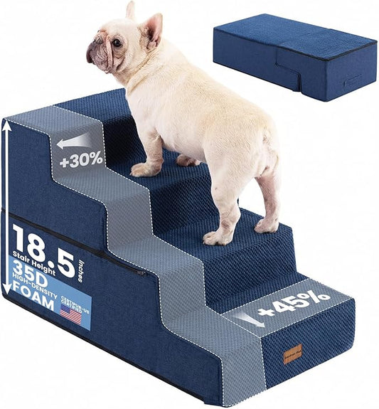 Gardner Pet Dog Stairs for Small Dogs 18.5" H, 4-Step Extra Wide Dog Steps for Bed, Pet Stairs for Bed and Couch with Durable Non-Slip Waterproof Fabric Cover and Soft Foam, Navy