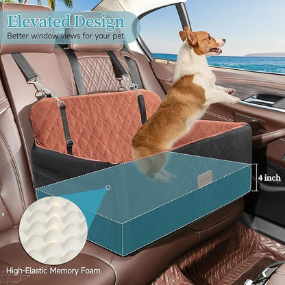 HEGGCOOE Dog Car Seat for Medium/Large Dogs, Pet Booster Seat for Under 55 lbs or 2 Small Dogs, Detachable & Washable Dog Car Bed for Backseat with 2 Safety Leashes(Black/Brown)