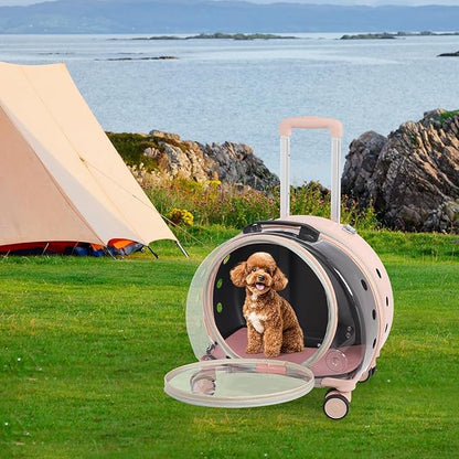 Transparent Bubble Pet Carrier with Wheels, Breathable Cat Dog Travel Carrier with 3-Stage Handle & Removable Strap, Portable Trolley Case with Ventilation for Small Dogs & Cats (Light Pink)