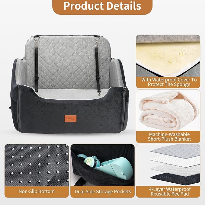 XEEP Dog Car Seat for Medium/Large Dogs Up to 55 lbs – Dog Booster Seat with Memory Foam, 2 Height-Adjust Cushions Bonus Urine Pad & Blanket Safety Leashes, Removable Washable Cover (Black/Grey)