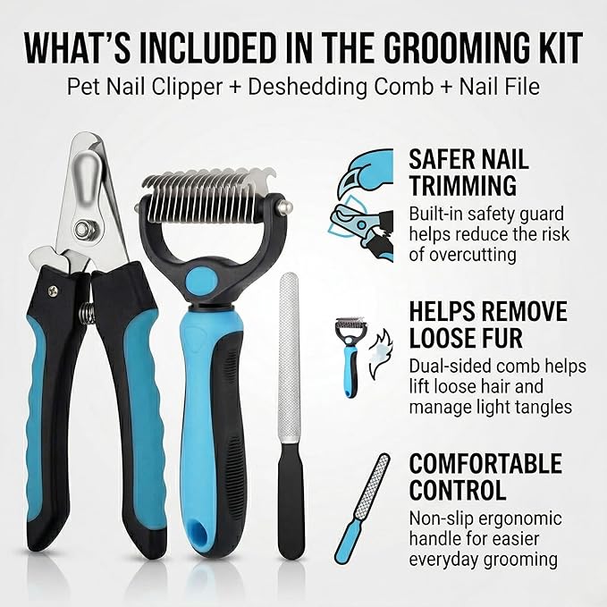 Kuzey Home Pet Nail Clipper & Deshedding Comb Set for Cats and Dogs, Safety Guard to Help Prevent Overcutting, Stainless Steel Blade, Non-Slip Handle, Includes Nail File