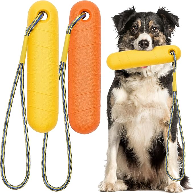 2 Pcs Dog Pool Float Toy with Throw Rope 9.8 x 1.6 Inches Dog Bumpers for Water Retrieving Puppy Training Chew Toys for Hunting Training Pool Outdoor (Yellow, Orange)