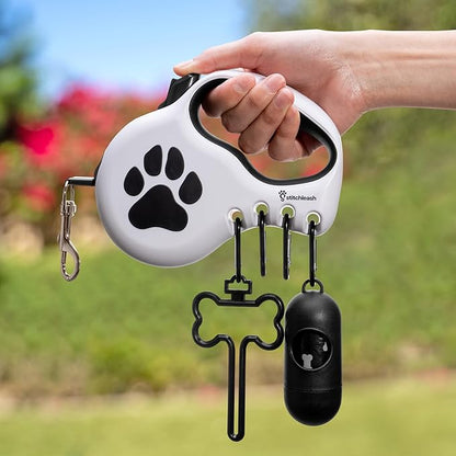 Award-Winning Retractable Dog Leash for Small and Medium Dogs (Max 55 lbs), Clip & Go System with Reflective Tape and Ergonomic Handle, Includes Clips, Poop Bag Holder and Dispenser, White