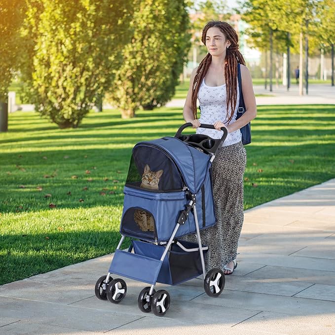ZENY Foldable Pet Stroller, Cat/Dog Stroller with 4 Wheel, Pet Travel Carrier Strolling Cart with Storage Basket, Cup Holder (Navy Blue)