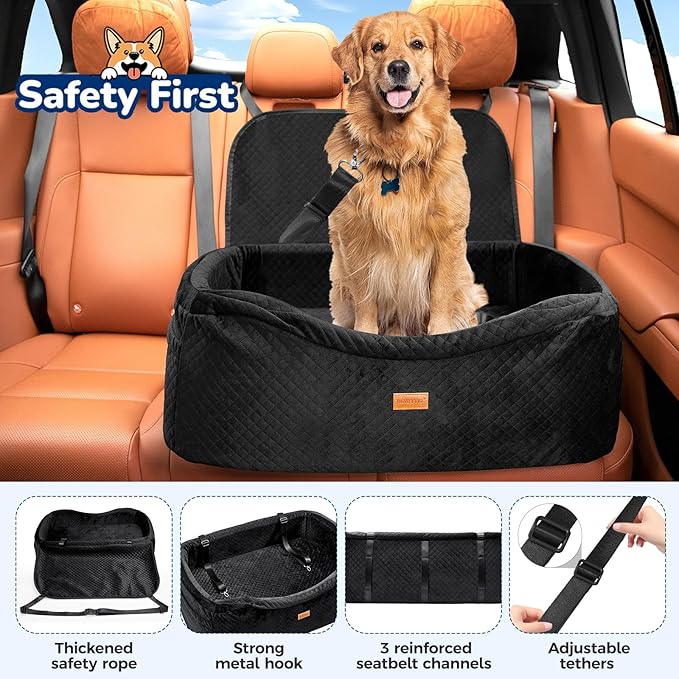 Dog Car Seat for Large Dogs up to 60 lbs or 2 Small Dogs with 4" Memory Foam, Back Seat Medium Pet Booster Seat with Triple Safety Belts, Adjustable Leashes, Detachable/Washable (Dark Black, Large)