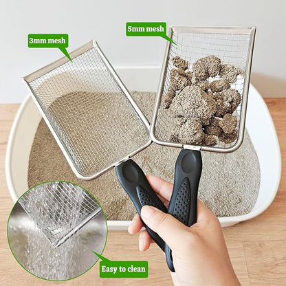 2Pcs Cat Litter Scoop Metal Stainless Steel Mesh Kitty Litter Scoop with Hook, Cat Scooper for Litter Box, Filter Small Pieces Quickly, Easy to Clean and Durable (3mm/5mm Mesh)