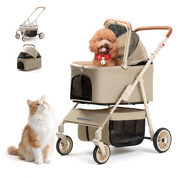 Dog Cat Stroller for Small/Medium Pets up to 55 Lbs, 3-in-1 Foldable Pet Stroller with Detachable Carrier, 4 Wheels, Adjustable Height, Single Foot Brake, Pet Strollers for Travel Outdoor (Khaki