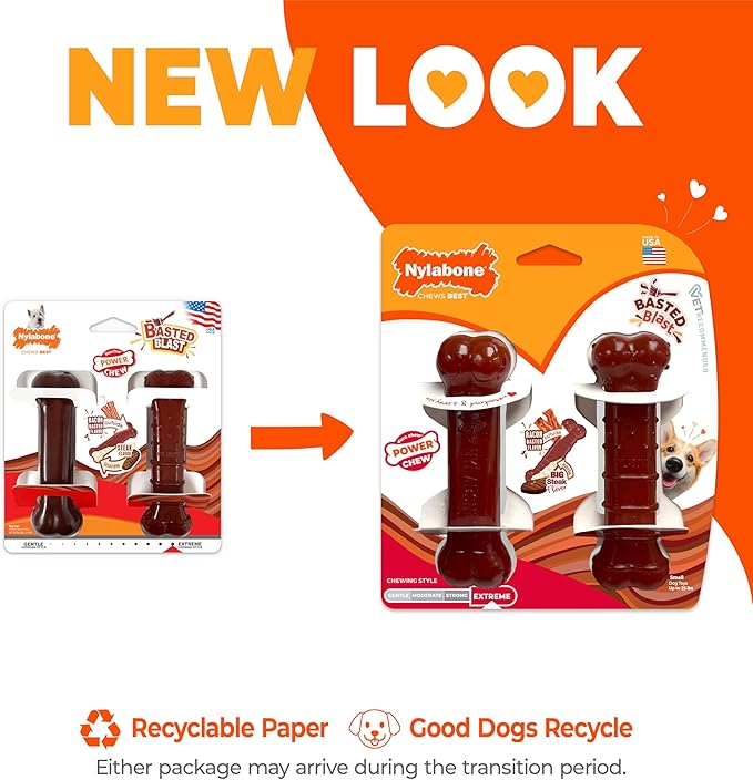 Nylabone Original & Textured Bone Power Chew Toy for Dogs, Durable & Tough Dog Toys for Aggressive Chewers, Basted Blast Bacon and Steak Flavor, Small Dogs - Up to 25 lbs, 2 Pack
