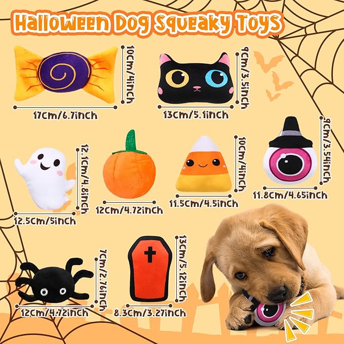 24 Pcs Halloween Dog Squeaky Bulk Halloween Bat Spider Stuffed Plush Cat Interactive Stuffed Dog Chew for Small Medium Pets Teething Cleaning and Training
