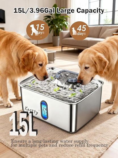Kastty 3.96 Gal Dog Water Fountain for Large Dogs,15L Stainless Steel Large Pet Water Fountain, Ultra Quiet Automatic Dog Water Bowl Dispenser with Water Level Window and LED Light(FS78,Grey