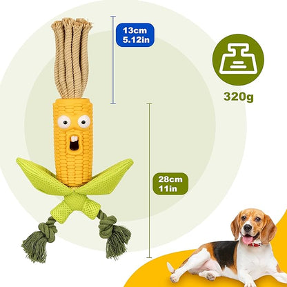 Corn Shape Rubber Dog Toy with Rope Tug, Treat Toys, Squeaker Interactive Durable Chew Toys for Dogs, Safe Non-Toxic Material, Clean Teeth Design for Indoor and Outdoor Play