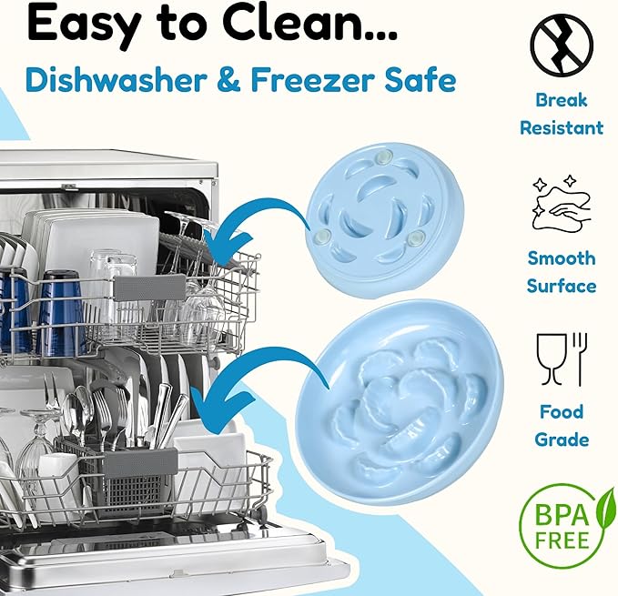 2 Pcs Cat Slow Feeder Bowl Set - Unbreakable Melamine Puzzle cat Bowl for Slow Eating - Cat Dish for Wet & Dry Food- Whisker Friendly & Dishwasher Safe & Non Slip Design - 6.3 x 6.3 '' (Blue+White)