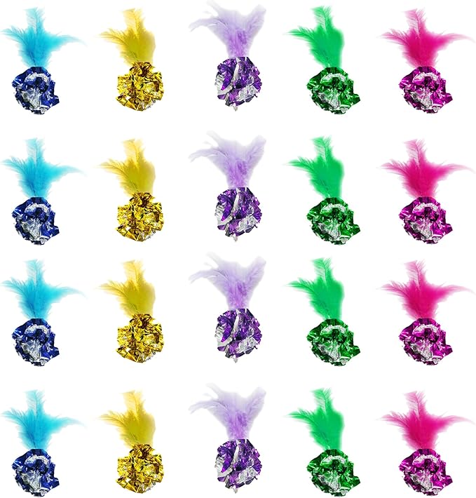 SunGrow Cat Crinkle Balls for Cats, Multicolor with Feather, 20 Pieces, Lightweight Interactive Pet Toy