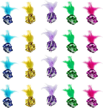 SunGrow Cat Crinkle Balls for Cats, Multicolor with Feather, 20 Pieces, Lightweight Interactive Pet Toy