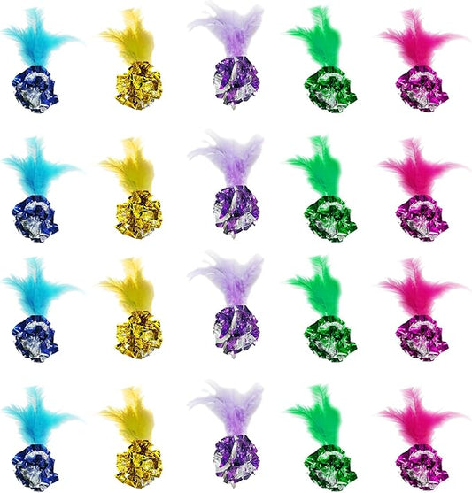 SunGrow Cat Crinkle Balls for Cats, Multicolor with Feather, 20 Pieces, Lightweight Interactive Pet Toy