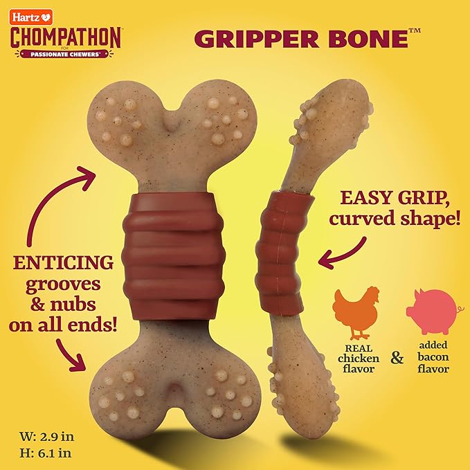 Hartz Chompathon Gripper Bone Dog Chew Toy for Aggressive Chewers, Double Layered Flavored with Chicken & Bacon